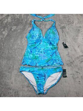 Lauren Ralph Lauren Swimsuit 14 Blue Oceanic Tankini Halter Top Hipster Set NEW